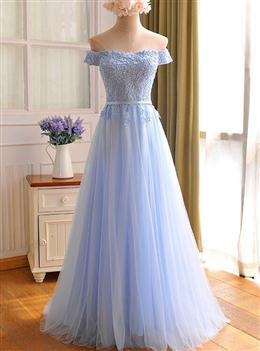 Picture of Elegant Light Blue Lace Applique Top Long Party Dresses, Off Shoulder Bridesmaid Dresses